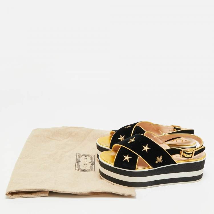 Pre Owned Gucci Size 38.5 Black Leather and Velvet Crisscross Bee Slingback Sandals