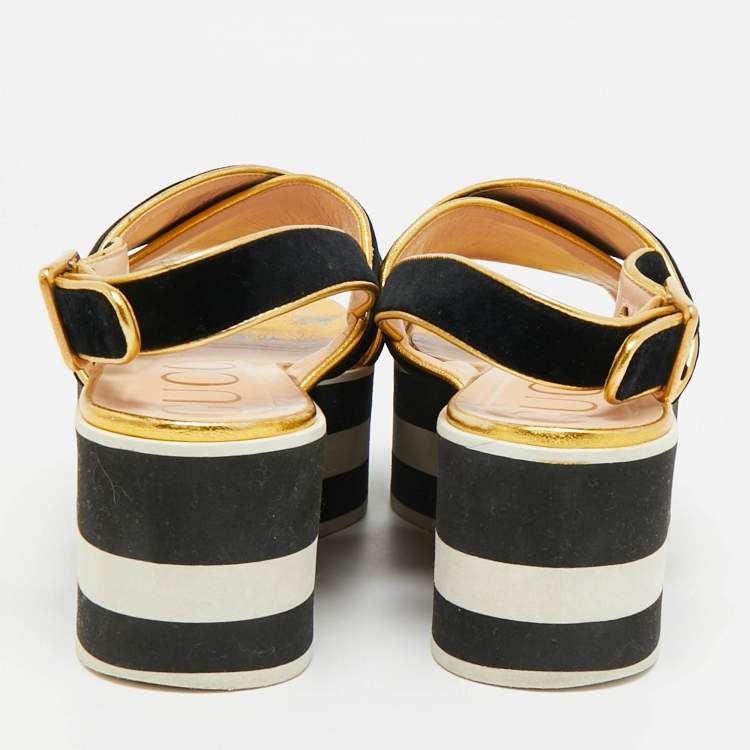 Pre Owned Gucci Size 38.5 Black Leather and Velvet Crisscross Bee Slingback Sandals