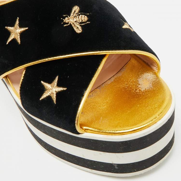 Pre Owned Gucci Size 38.5 Black Leather and Velvet Crisscross Bee Slingback Sandals