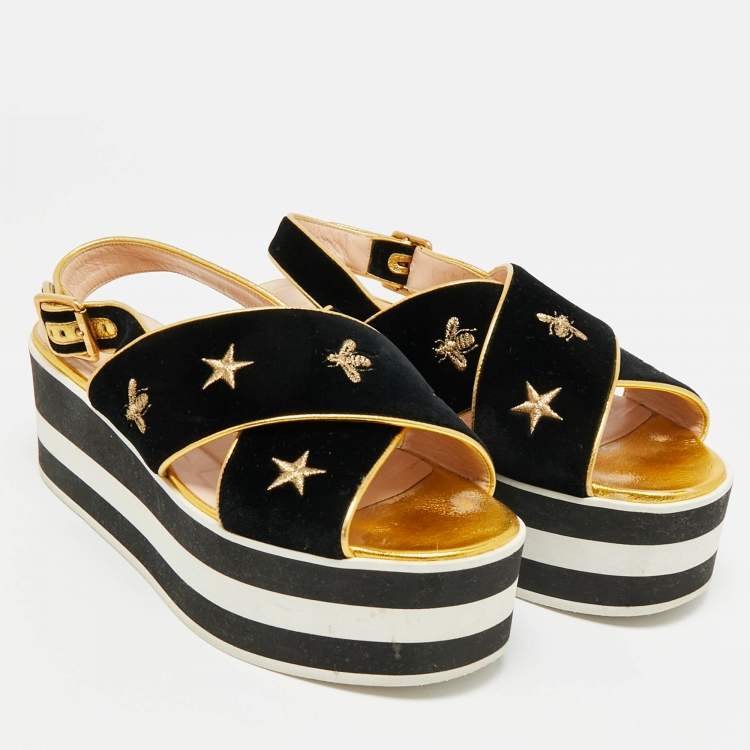 Pre Owned Gucci Size 38.5 Black Leather and Velvet Crisscross Bee Slingback Sandals