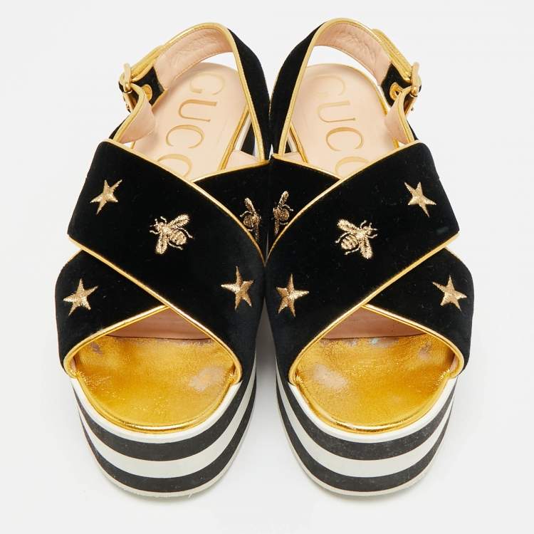 Pre Owned Gucci Size 38.5 Black Leather and Velvet Crisscross Bee Slingback Sandals