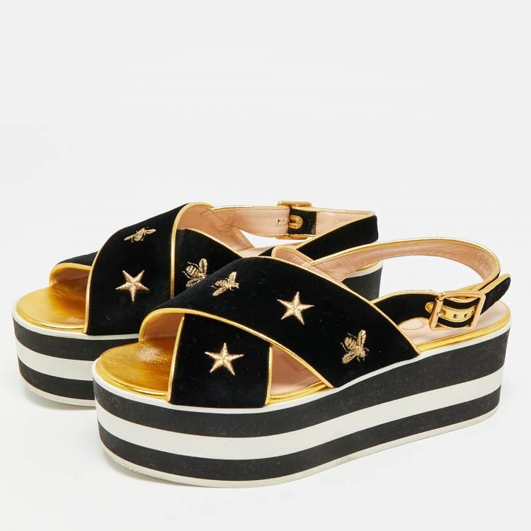 Pre Owned Gucci Size 38.5 Black Leather and Velvet Crisscross Bee Slingback Sandals