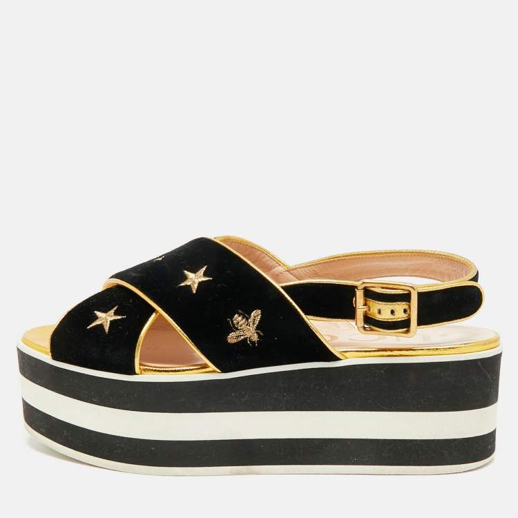Pre Owned Gucci Size 38.5 Black Leather and Velvet Crisscross Bee Slingback Sandals