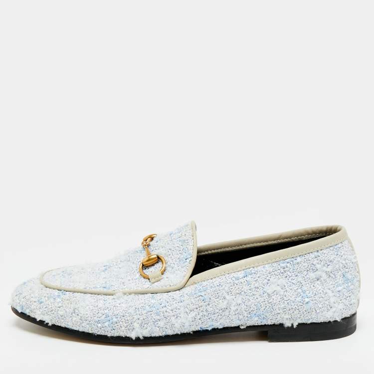 Pre Owned Gucci Horsebit Size 35.5 Blue/White Leather and Tweed Loafers