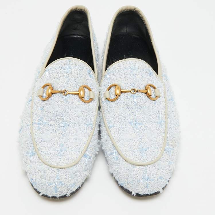Pre Owned Gucci Horsebit Size 35.5 Blue/White Leather and Tweed Loafers