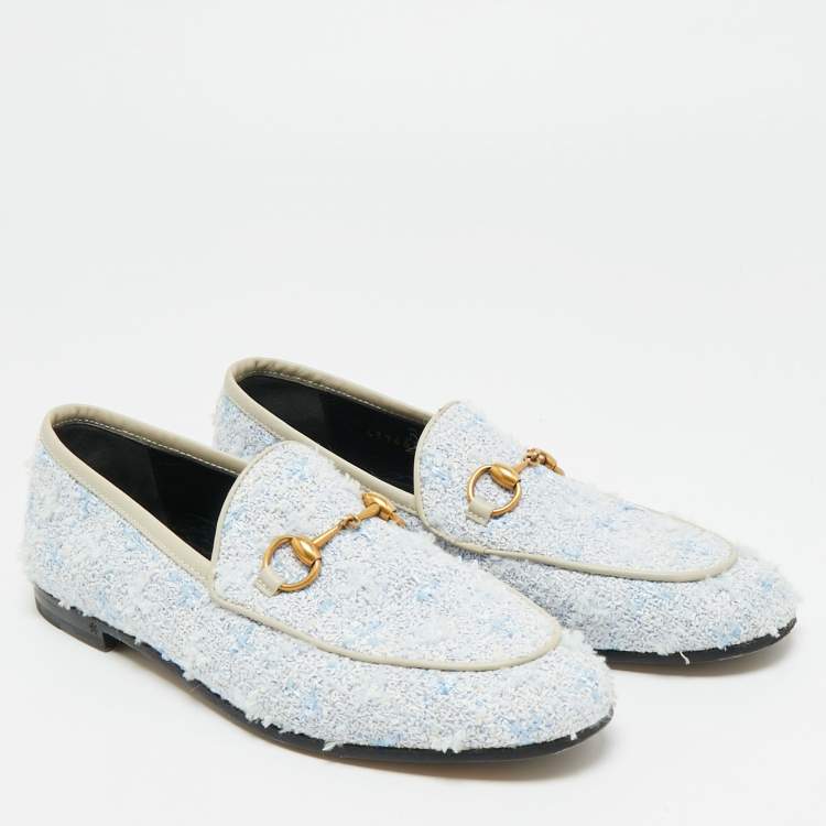 Pre Owned Gucci Horsebit Size 35.5 Blue/White Leather and Tweed Loafers