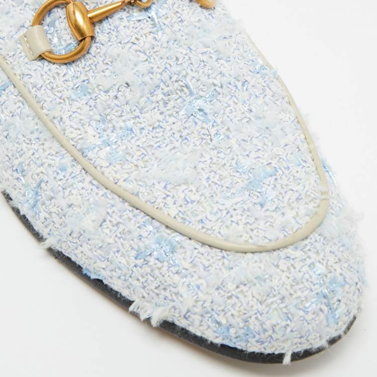Pre Owned Gucci Horsebit Size 35.5 Blue/White Leather and Tweed Loafers