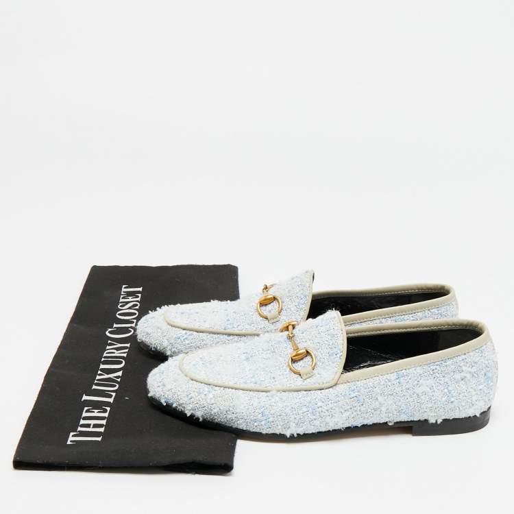 Pre Owned Gucci Horsebit Size 35.5 Blue/White Leather and Tweed Loafers