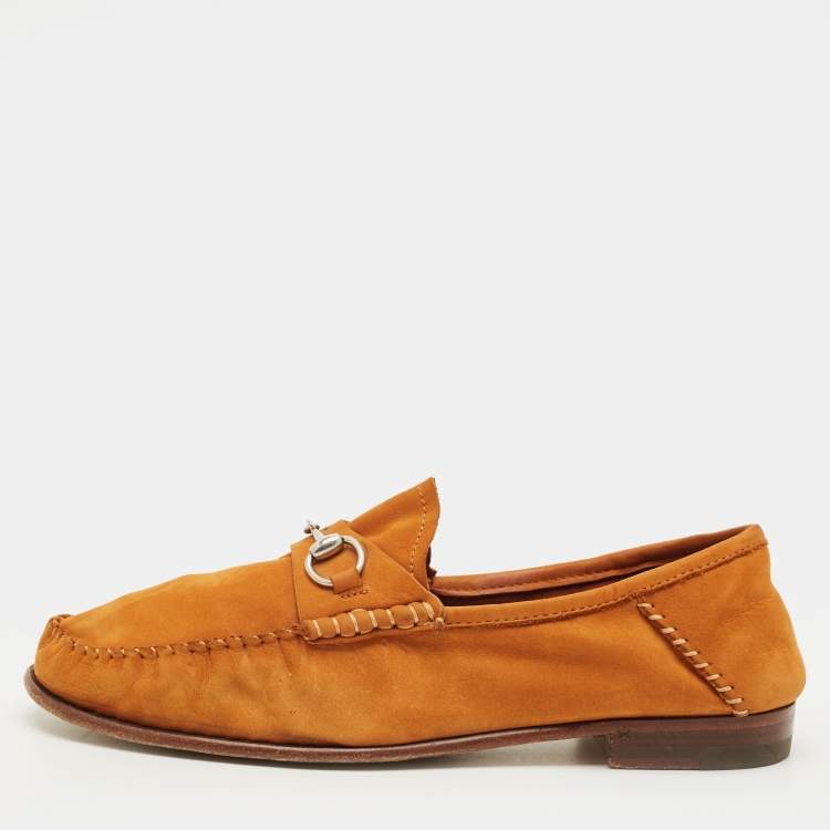 Pre Owned Gucci Gigi Horsebit Size 37.5 Brown Nubuck Leather Loafers
