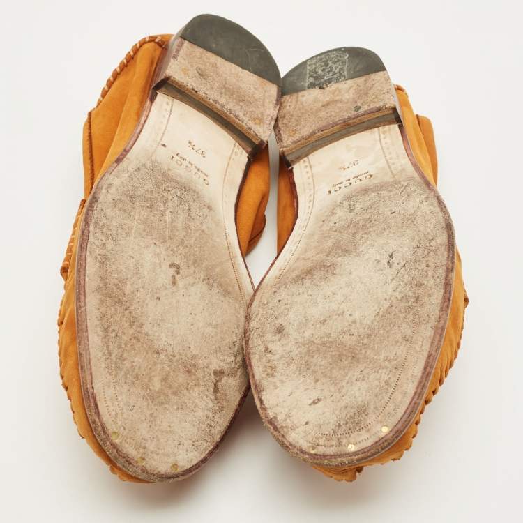 Pre Owned Gucci Gigi Horsebit Size 37.5 Brown Nubuck Leather Loafers