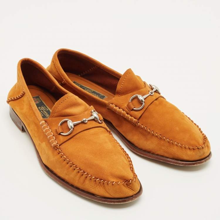 Pre Owned Gucci Gigi Horsebit Size 37.5 Brown Nubuck Leather Loafers
