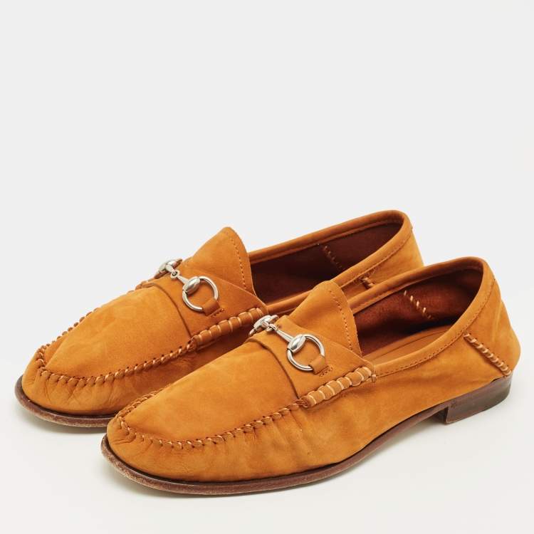 Pre Owned Gucci Gigi Horsebit Size 37.5 Brown Nubuck Leather Loafers