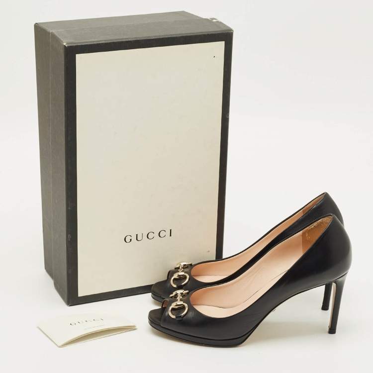 Pre Owned Gucci Horsebit Size 37.5 Black Leather Peep Toe Pumps