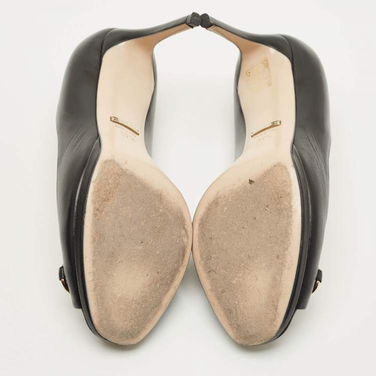 Pre Owned Gucci Horsebit Size 37.5 Black Leather Peep Toe Pumps