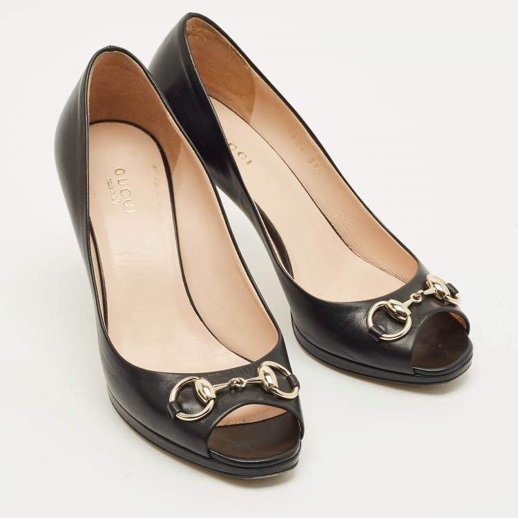 Pre Owned Gucci Horsebit Size 37.5 Black Leather Peep Toe Pumps