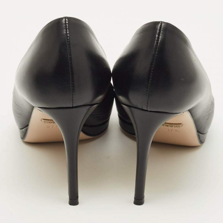 Pre Owned Gucci Horsebit Size 37.5 Black Leather Peep Toe Pumps