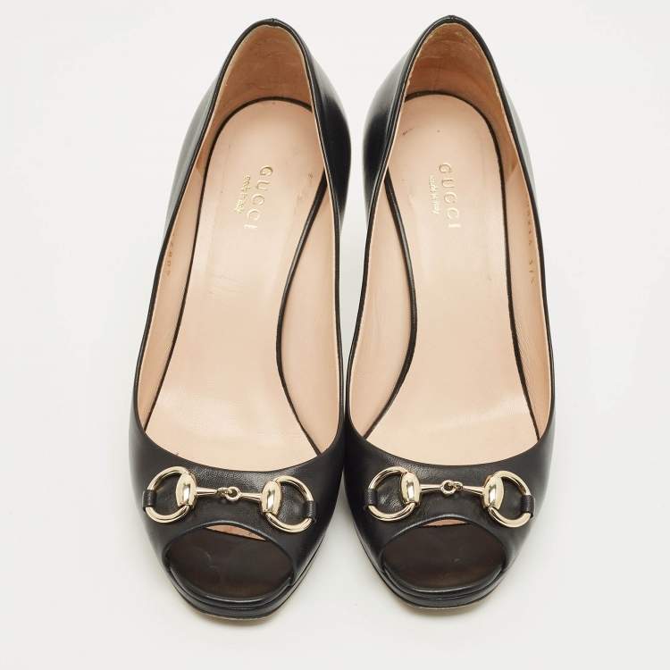 Pre Owned Gucci Horsebit Size 37.5 Black Leather Peep Toe Pumps
