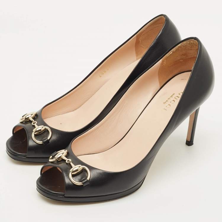 Pre Owned Gucci Horsebit Size 37.5 Black Leather Peep Toe Pumps