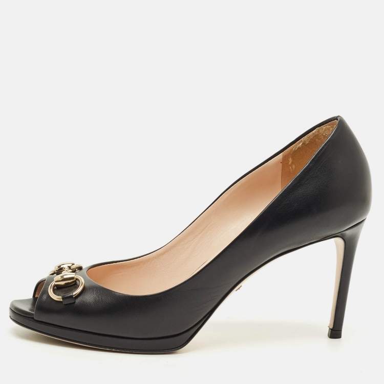 Pre Owned Gucci Horsebit Size 37.5 Black Leather Peep Toe Pumps