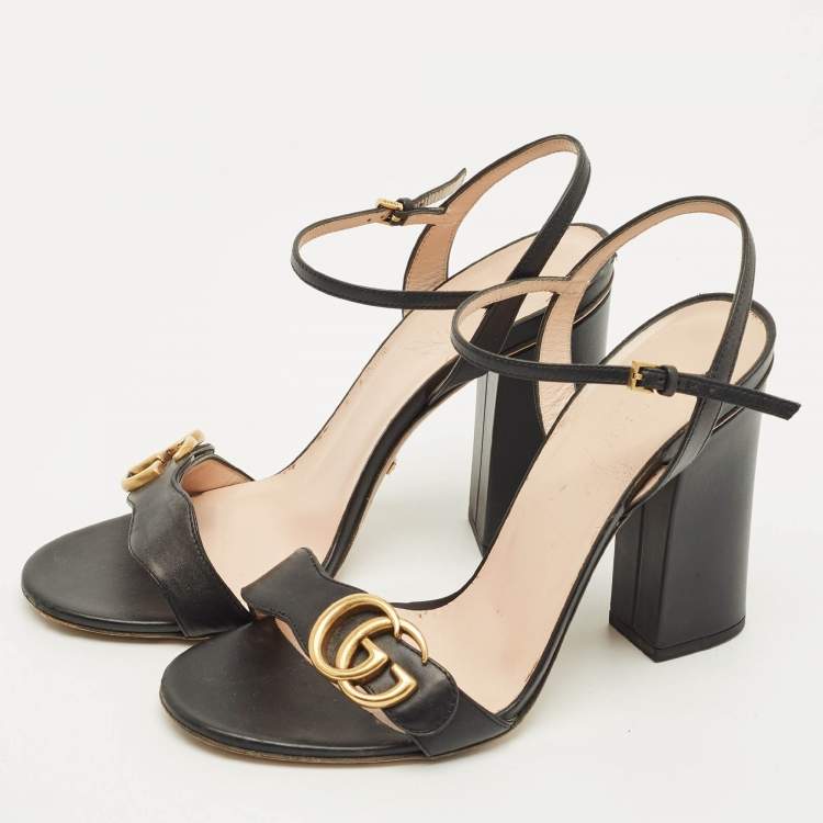 Pre Owned Gucci GG Marmont Size 38 Black Leather Ankle Strap Sandals