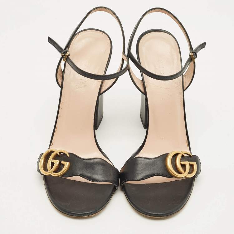 Pre Owned Gucci GG Marmont Size 38 Black Leather Ankle Strap Sandals