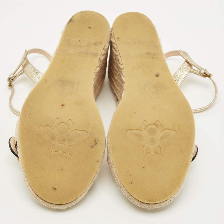 Pre Owned Gucci GG Marmont Size 38.5 Gold Foil Leather Espadrille Wedge Sandals