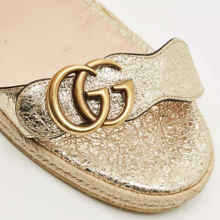 Pre Owned Gucci GG Marmont Size 38.5 Gold Foil Leather Espadrille Wedge Sandals