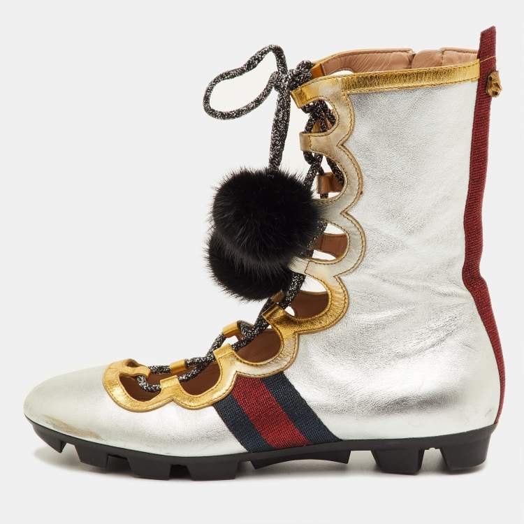 مملوكة مسبقًا Gucci Silver/Gold Leather Titan Gladiator Lace Up Sneakers Size 38