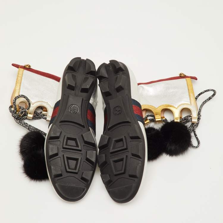 مملوكة مسبقًا Gucci Silver/Gold Leather Titan Gladiator Lace Up Sneakers Size 38