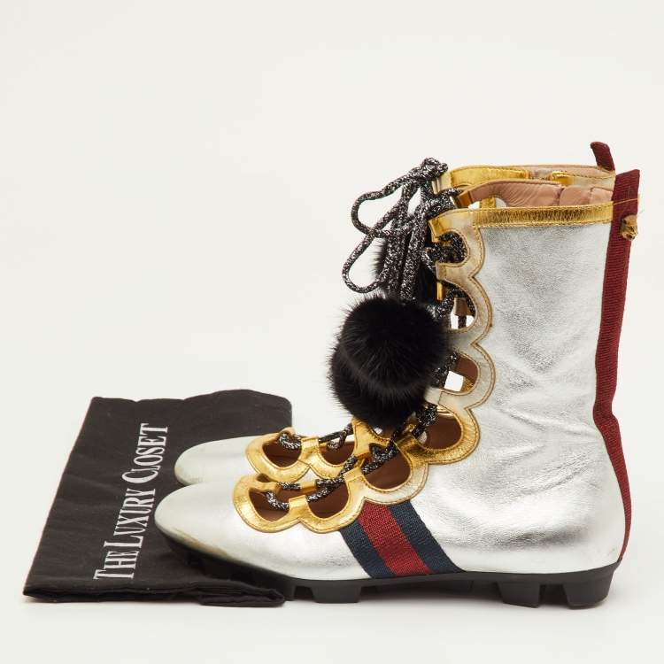 مملوكة مسبقًا Gucci Silver/Gold Leather Titan Gladiator Lace Up Sneakers Size 38