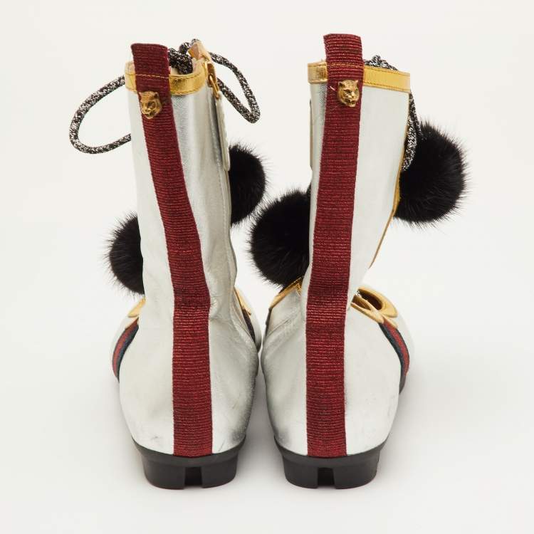 مملوكة مسبقًا Gucci Silver/Gold Leather Titan Gladiator Lace Up Sneakers Size 38