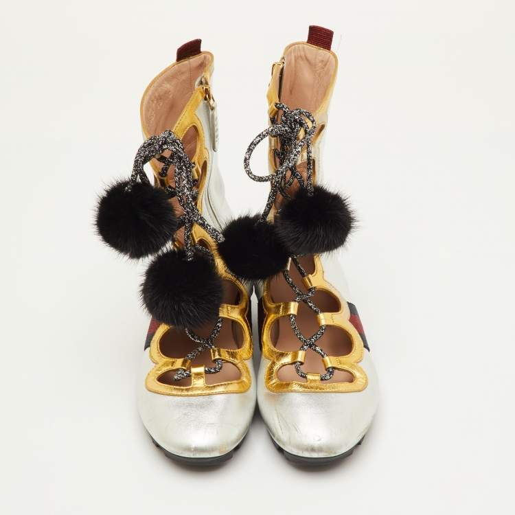 مملوكة مسبقًا Gucci Silver/Gold Leather Titan Gladiator Lace Up Sneakers Size 38