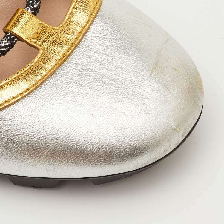 مملوكة مسبقًا Gucci Silver/Gold Leather Titan Gladiator Lace Up Sneakers Size 38