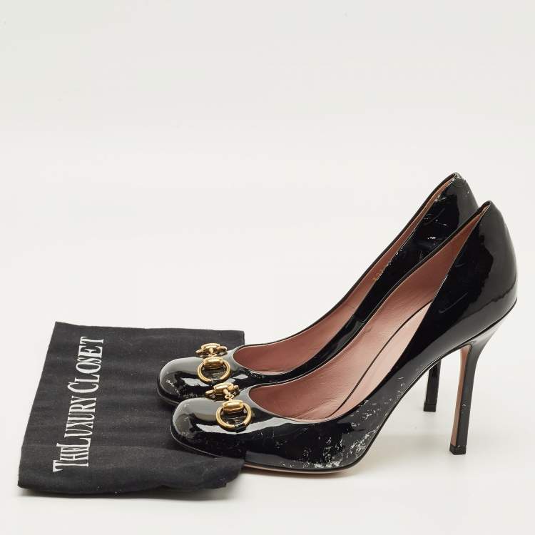Pre Owned Gucci Jolene Horsebit Size 39 Black Patent Leather Square Toe Pumps