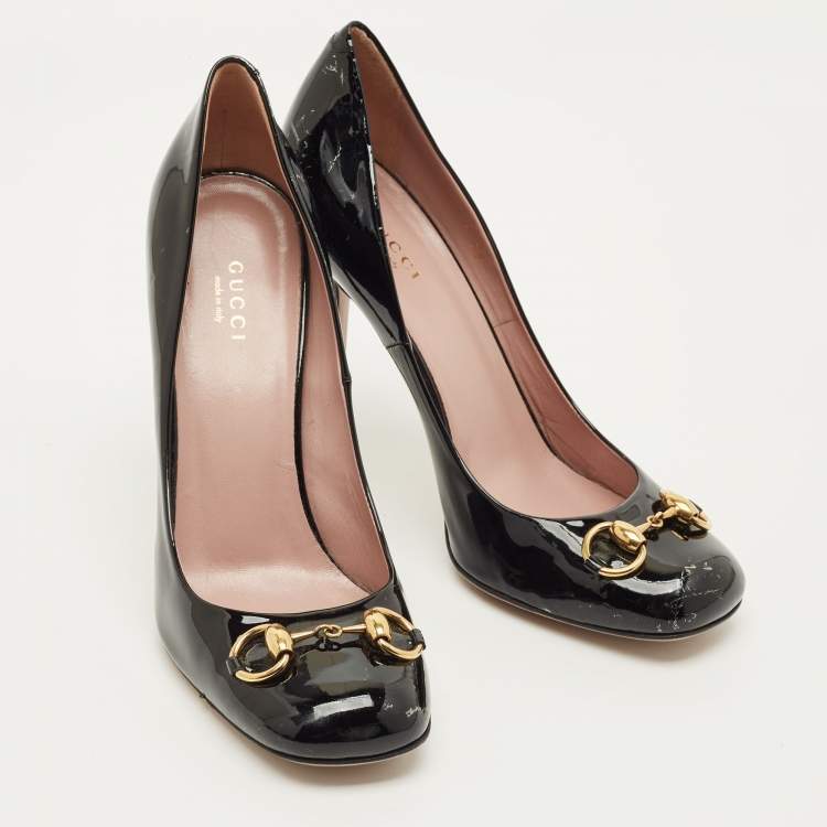 Pre Owned Gucci Jolene Horsebit Size 39 Black Patent Leather Square Toe Pumps