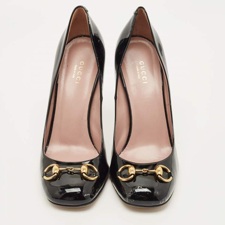 Pre Owned Gucci Jolene Horsebit Size 39 Black Patent Leather Square Toe Pumps