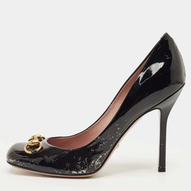 Pre Owned Gucci Jolene Horsebit Size 39 Black Patent Leather Square Toe Pumps