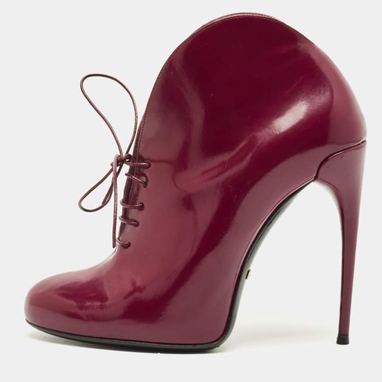Pre Owned Gucci Kim Curved Polished Size 36 Burgundy Patent Leather Booties