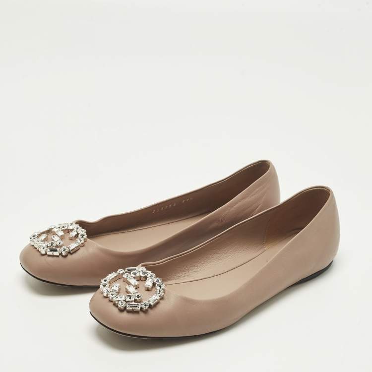 Pre Owned Gucci Interlocking G Size 37.5 Pink Crystal Embellished Leather Ballet Flats