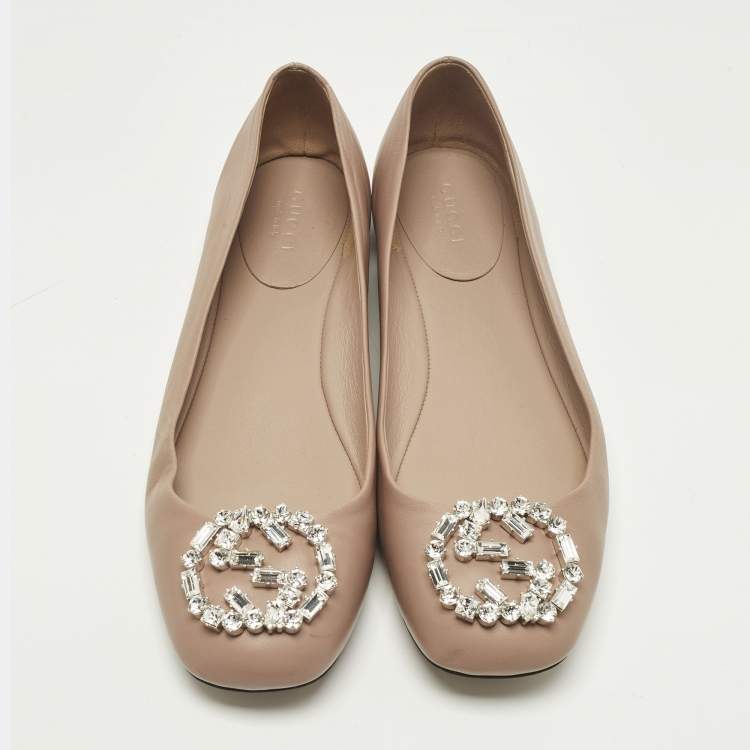 Pre Owned Gucci Interlocking G Size 37.5 Pink Crystal Embellished Leather Ballet Flats