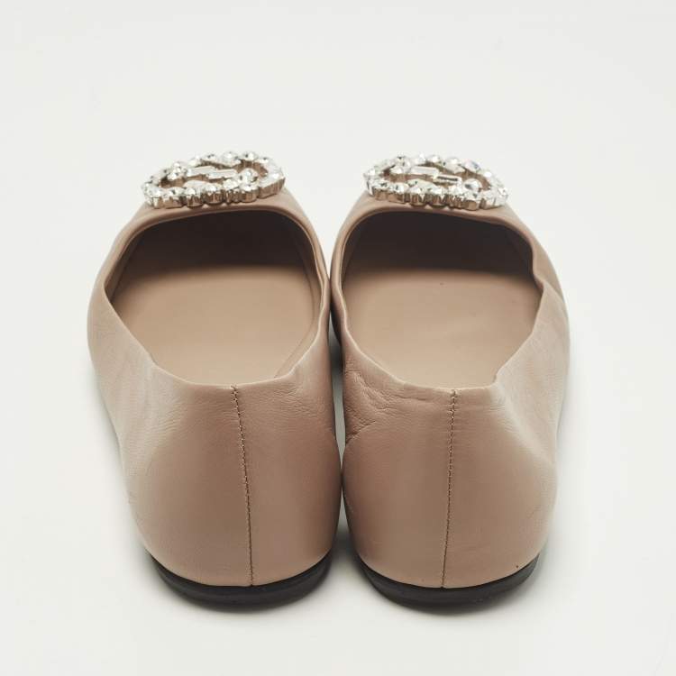 Pre Owned Gucci Interlocking G Size 37.5 Pink Crystal Embellished Leather Ballet Flats