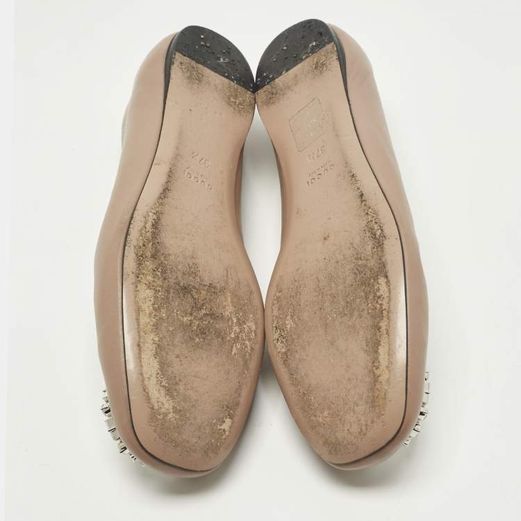 Pre Owned Gucci Interlocking G Size 37.5 Pink Crystal Embellished Leather Ballet Flats