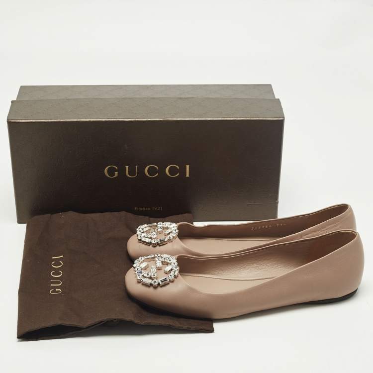 Pre Owned Gucci Interlocking G Size 37.5 Pink Crystal Embellished Leather Ballet Flats