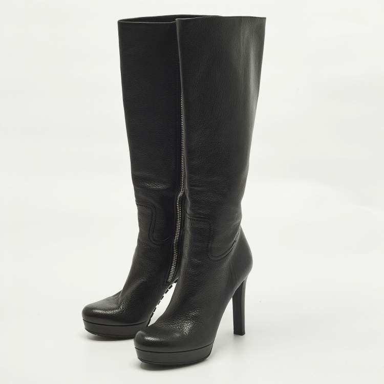 Pre Owned Gucci Size 40 Black Leather Platform Knee Length Boots
