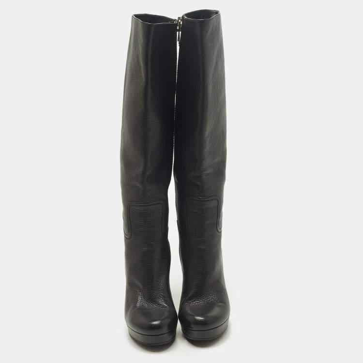 Pre Owned Gucci Size 40 Black Leather Platform Knee Length Boots