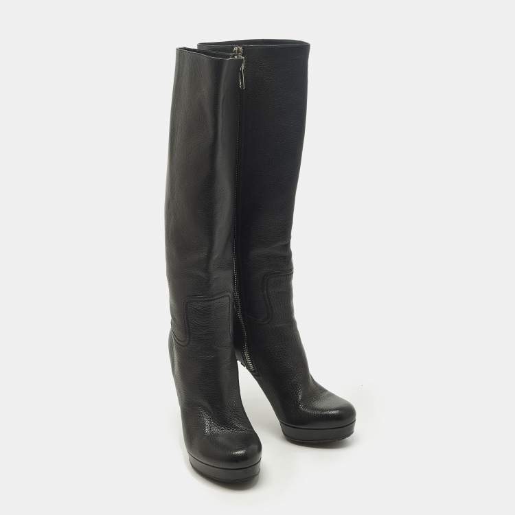 Pre Owned Gucci Size 40 Black Leather Platform Knee Length Boots