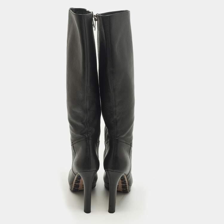 Pre Owned Gucci Size 40 Black Leather Platform Knee Length Boots