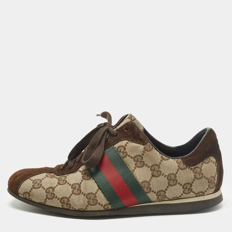 Pre Owned Gucci Web Size 37 Dark Brown/Beige GG Canvas and Suede Low Top Sneakers