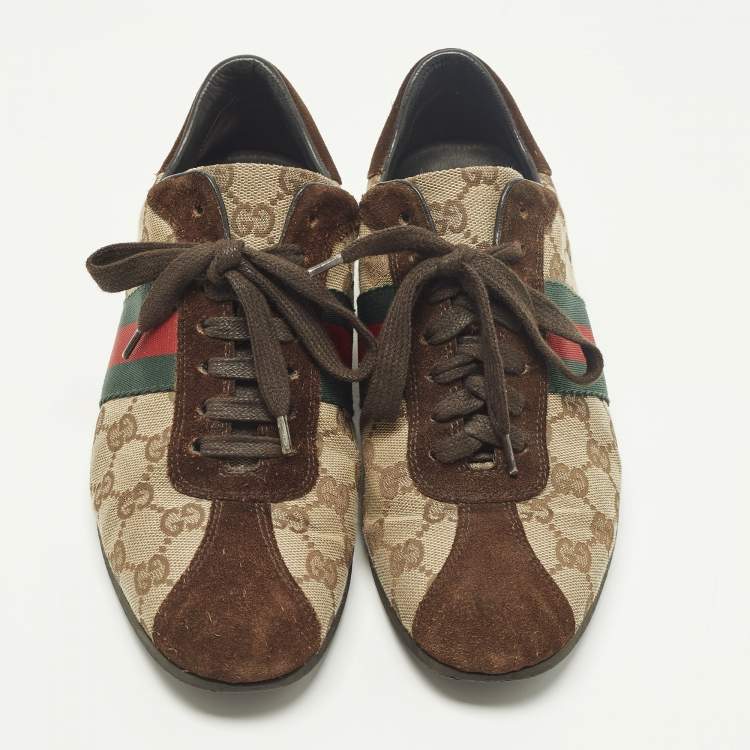Pre Owned Gucci Web Size 37 Dark Brown/Beige GG Canvas and Suede Low Top Sneakers