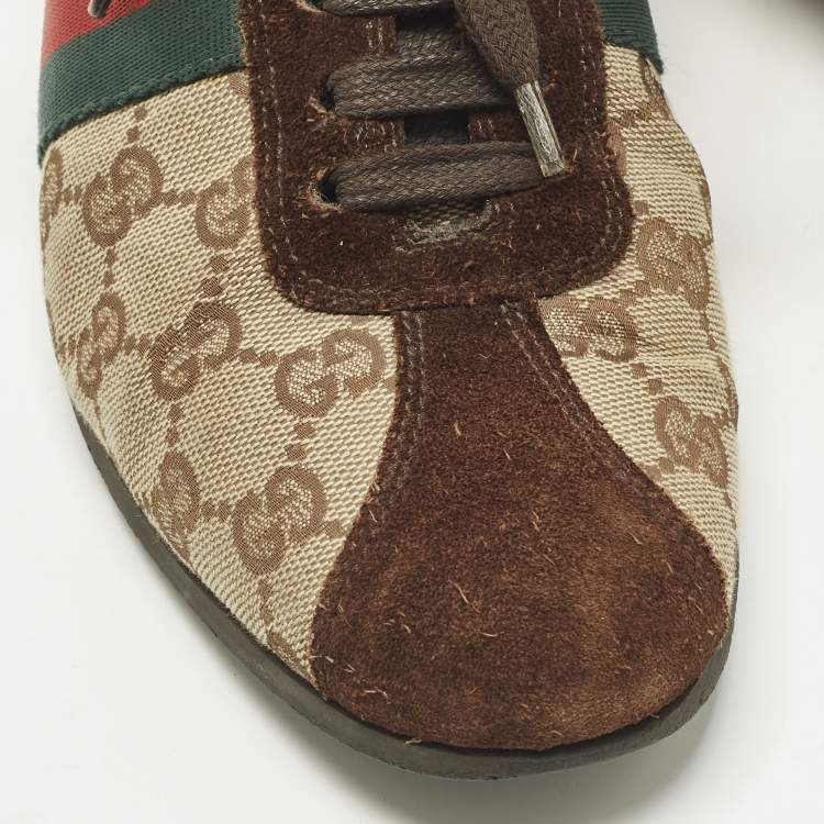 Pre Owned Gucci Web Size 37 Dark Brown/Beige GG Canvas and Suede Low Top Sneakers